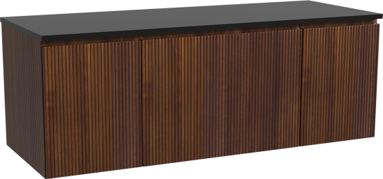 Storke Ribs zwevend badkamermeubel 135 x 52 cm notelaar met Panton enkel of dubbel tablet in gepoedercoate mdf mat zwart, Verticale symmetrische rechte ribbel