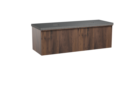 Balmani Forma zwevend badkamermeubel 150 x 55 cm amerikaanse notelaar met Rock dubbel tablet in graniet zwart, Verticale symmetrische rechte ribbel