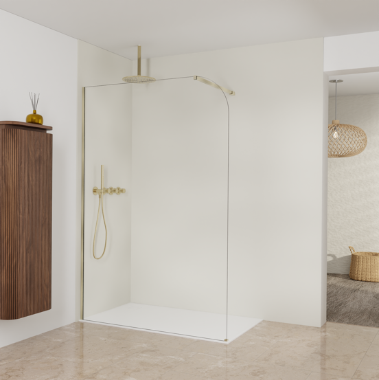 Balmani Modular Walk-In Dusche: 140 x 200 cm, Klarglas abgerundet, inklusive Coating, Profil Brushed Champagne Gold