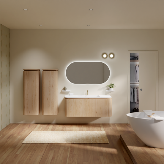 Balmani Moon meuble salle de bains suspendu 130 x 55 cm chêne naturel avec Moon plan simple en solid surface blanc mat