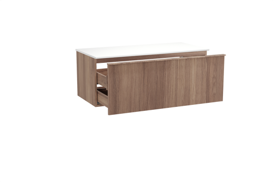 Balmani Forma meuble salle de bains suspendu 120 x 55 cm teck avec Stretto tablette simple ou double en solid surface blanc mat, Nervure droite symétrique verticale