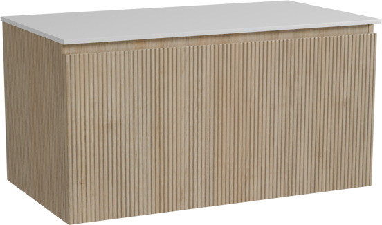Storke Ribs hängendes Möbelstück Set: 95 x 52 cm, Rohe Eiche, mit Tavola Einzel Waschtischplatte, Solid Surface, Weiß matt, Vertikale symmetrische gerade Rippe