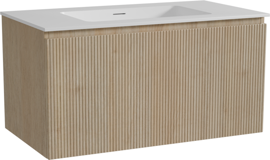 Storke Ribs hängendes Möbelstück Set: 95 x 52 cm, Rohe Eiche, mit Mata Einzelwaschtisch, Solid Surface, Weiß matt, Vertikale symmetrische gerade Rippe