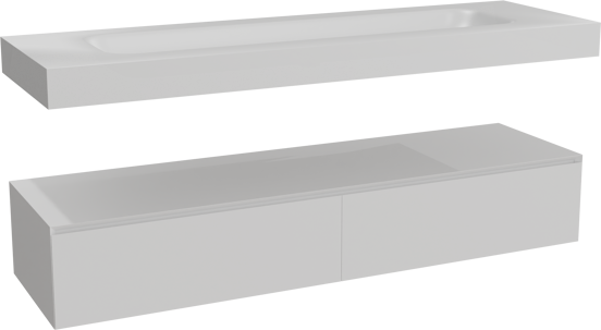 Balmani Mitra Elements hängendes Möbelstück Set: 180 x 55 cm, Weiß matt mit Arcato Einzelwaschtisch für 2 Armaturenlöcher, Solid Surface Weiß matt