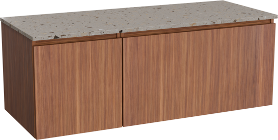 Balmani Sfera zwevend badkamermeubel 135 x 55 cm amerikaanse notelaar met Stretto enkel of dubbel tablet in terrazzo greige terrazzo