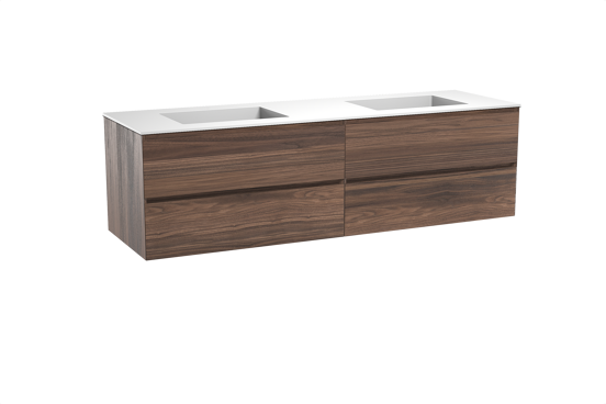 Balmani Mitra zwevend badkamermeubel 180 x 55 cm notelaar met Tablo Stretto dubbele wastafel in solid surface mat wit