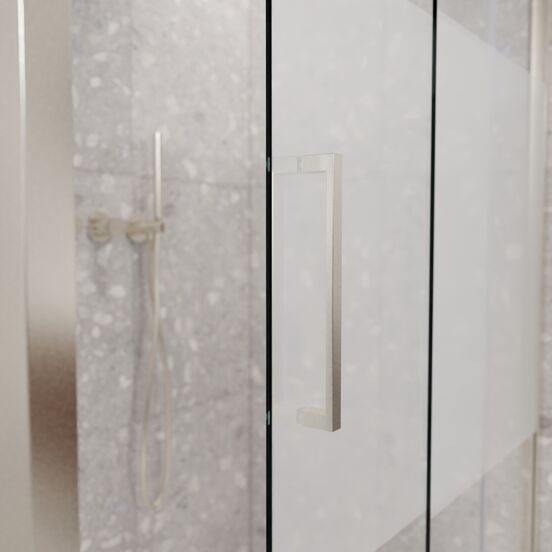 Balmani Senses Design Eckdusche: Schiebetür (Rechts) mit fixierte Seitenwand, 120 x 90 cm, Klarglas mit mattiertem Streifen, Profil Brushed CoolMetal