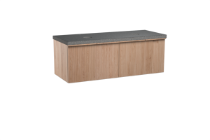 Balmani Forma zwevend badkamermeubel 135 x 55 cm natuur eik met Rock dubbel tablet in graniet zwart, Verticale symmetrische rechte ribbel