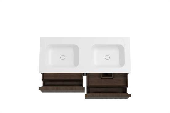 Balmani Forma meuble salle de bains suspendu 135 x 55 cm chêne fumé avec Tablo Strada double vasque en marbre composite blanc mat, Nervure droite symétrique verticale