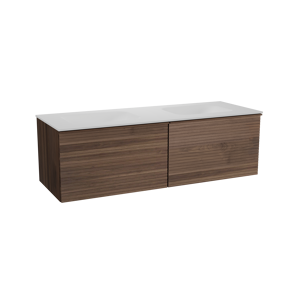 Balmani Forma hängendes Möbelstück Set: 150 x 55 cm, Amerikanischer Nussbaum, mit Tablo Arcato Doppelwaschtisch, Solid Surface, Weiß matt, Horizontale symmetrische gerade Rippe