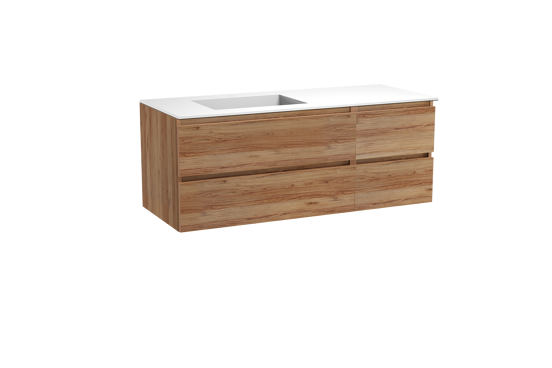 Balmani Lucida hängendes Möbelstück Set: 135 x 55 cm, Teak, mit Tablo Stretto Waschtisch links, Solid Surface Weiß matt