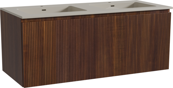 Storke Ribs hängendes Möbelstück Set: 120 x 52 cm, Nussbaum, mit Diva Doppelwaschtisch, Top Solid, Seidengrau, Vertikale symmetrische gerade Rippe