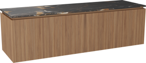 Balmani Eclips zwevend badkamermeubel 180 x 55 cm Teak met Stretto enkel of dubbel tablet in Portoro Gold marmer, Verticale symmetrische rechte ribbel