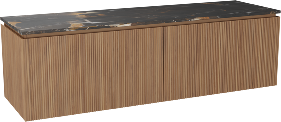 Balmani Eclips hängendes Möbelstück Set: 180 x 55 cm, Teak, mit Stretto Einzel- oder Doppel Waschtischplatte Portoro Gold Marmor, Vertikale symmetrische gerade Rippe