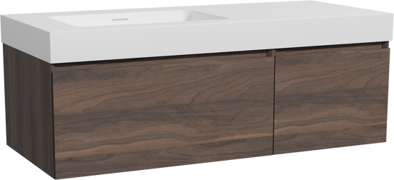 Storke Edge zwevend badkamermeubel 120 x 52 cm notelaar met Mata High asymmetrisch linkse wastafel in solid surface mat wit