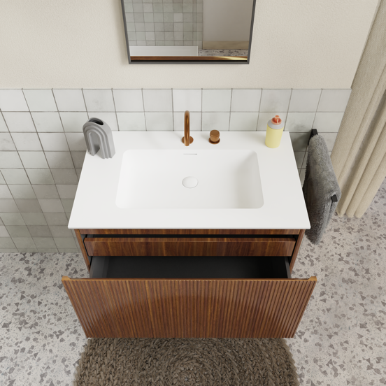 Storke Ribs meuble sous-vasque suspendu 85 x 52 cm noyer 2 tiroirs