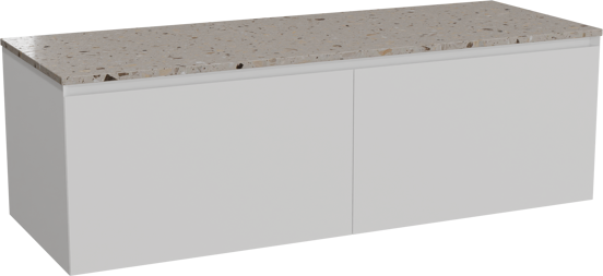 Balmani Idra hängendes Möbelstück Set: 150 x 55 cm, Weiß matt, mit Stretto Einzel- oder Doppel Waschtischplatte, Terrazzo in Greige