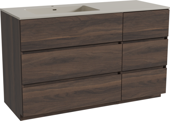 Storke Edge meuble salle de bains à poser 130 x 52 cm noyer avec Diva vasque asymétrique gauche en top solid soie grise