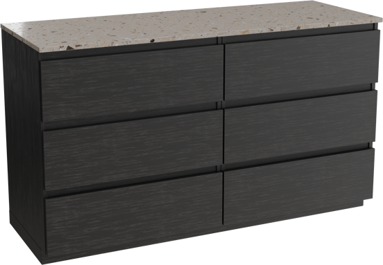 Balmani Lucida freistehendes Möbelstück Set: 150 x 55 cm, Schwarze Eiche, mit Stretto Einzel- oder Doppel Waschtischplatte, Terrazzo in Greige