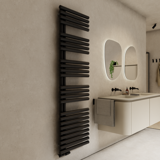 Vipera Avila enkele handdoekradiator 60 x 187cm centrale verwarming mat zwart middenaansluiting 1055W
