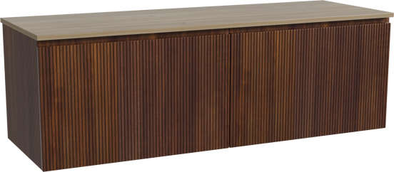 Storke Ribs zwevend badmeubel 150 x 52 cm notenhout met Panton enkel of dubbel wastafelblad in melamine ruw eiken, Verticale symmetrische rechte ribbel