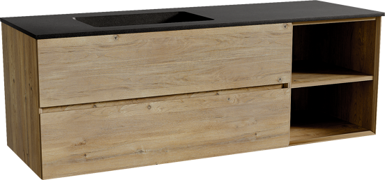 Storke Edge zwevend badmeubel 150 x 52 cm ruw eiken met Scuro asymmetrisch linkse wastafel in kwarts mat zwart