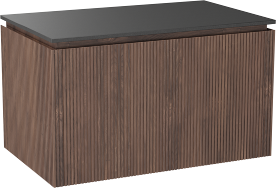 Balmani Eclips meuble salle de bains suspendu 90 x 55 cm Noyer américain avec Stretto tablette simple en Granit noir, Nervure droite symétrique verticale