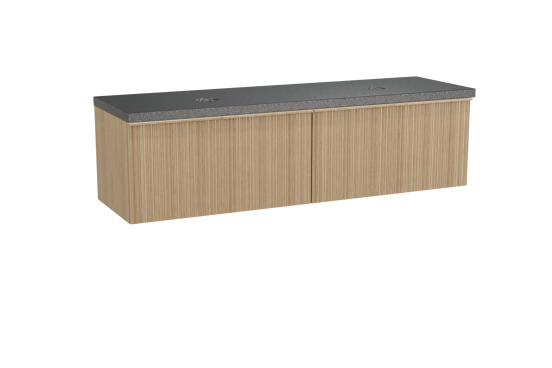 Balmani Forma hängendes Möbelstück Set: 180 x 55 cm, Naturbelassene Eiche, mit Rock Doppel Waschtischplatte, Granit, Schwarzes Granit, Vertikale asymmetrische Runde Rippe