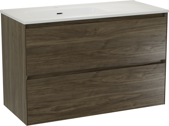 Balmani Mitra Compact zwevend badmeubel 100 x 46 cm Amerikaans notenhout met Nostra enkele wastafel in porselein hoogglans wit