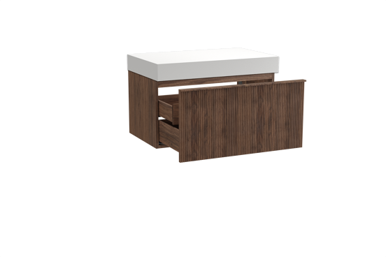 Balmani Forma meuble salle de bains suspendu 90 x 55 cm noyer américain avec Dominus tablette simple en solid surface blanc mat, Nervure droite symétrique verticale