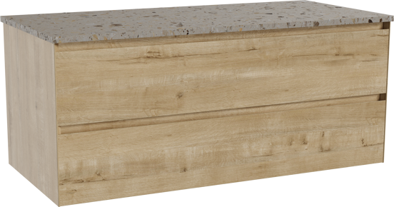 Balmani Mitra hängendes Möbelstück Set: 120 x 55 cm, Rohe Eiche, mit Stretto Einzel- oder Doppel Waschtischplatte, Terrazzo in Greige
