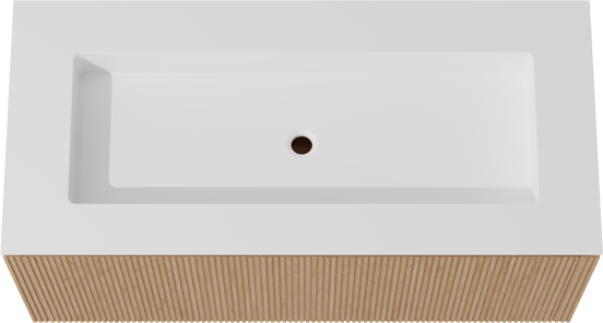 Balmani Eclips zwevend badkamermeubel 120 x 55 cm Natuur eik met Tablo Stretto enkele wastafel in Solid Surface mat wit, Verticale symmetrische rechte ribbel