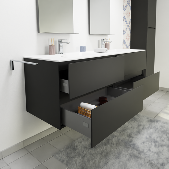 Storke Edge zwevend badmeubel 150 x 52 cm mat zwart met Scuro High dubbele wastafel in kwarts mat zwart