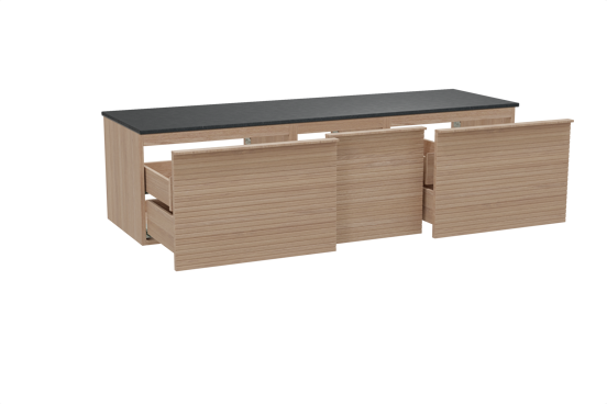 Balmani Forma zwevend badmeubel 180 x 55 cm naturel eiken met Stretto enkel of dubbel wastafelblad in zwart graniet, Horizontale symmetrische rechte ribbel
