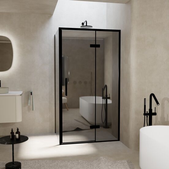 Balmani Senses Design douche en coin avec porte pivotante à droite et paroi latérale fixe, 100 x 90 cm, Miroir Reflex, Profil noir, coating inclus