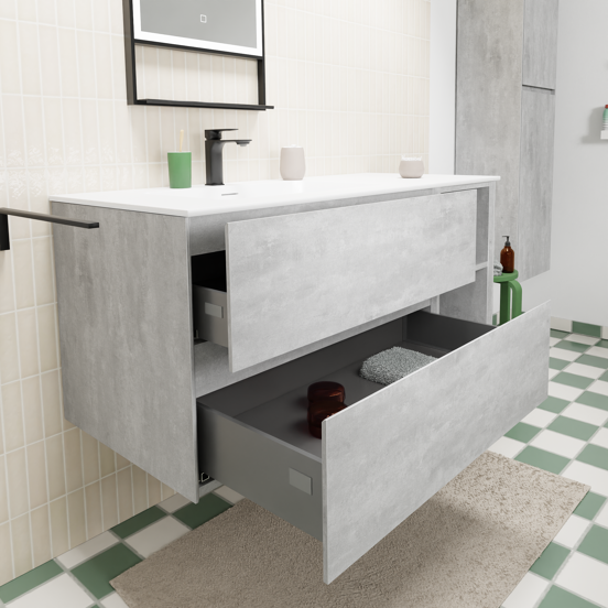 Storke Edge meuble salle de bains suspendu 120 x 52 cm béton gris foncé avec Mata plan vasque asymétrique à gauche en solid surface blanc mat