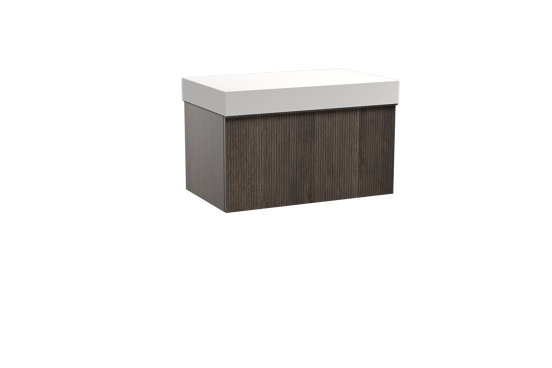Balmani Forma hängendes Möbelstück Set: 90 x 55 cm, Geräucherte Eiche, mit Dominus Einzel Waschtischplatte, Solid Surface, Weiß matt, Vertikale symmetrische gerade Rippe