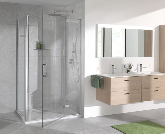 Luca Varess Nona paroi de douche avec porte pivotante et 2 parois latéraux fixes 100 x 100 cm verre transparent profil chrome brillant