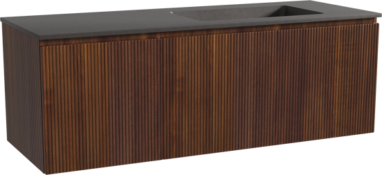 Storke Ribs zwevend badmeubel 140 x 52 cm notenhout met Scuro asymmetrisch rechtse wastafel in kwarts mat zwart, Verticale symmetrische rechte ribbel