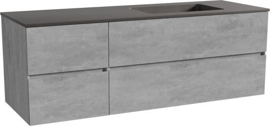 Storke Edge zwevend badmeubel 150 x 52 cm beton donkergrijs met Scuro asymmetrisch rechtse wastafel in kwarts mat zwart