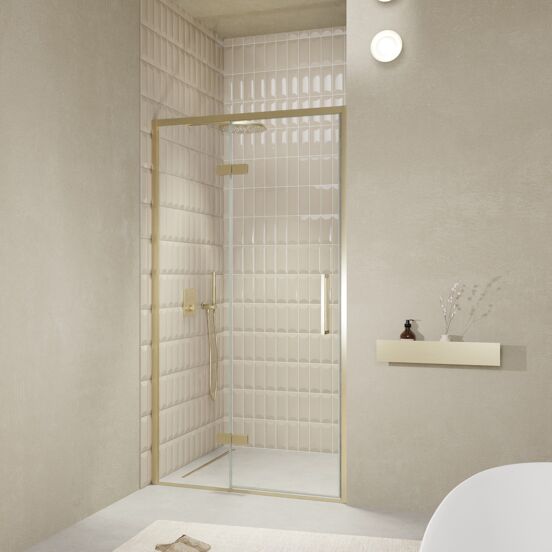 Balmani Senses Design douche draaideur links 120 cm x 210 cm Helder glas, Brushed Champagne Gold profielen, met coating