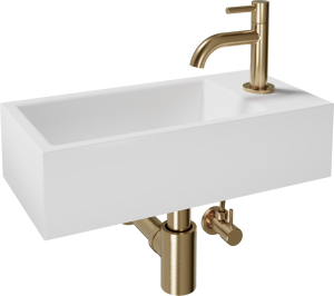 Luca Varess Cubic Handwaschbecken, Keramik weiß glänzend, 40,5 x 20 cm, Rechts, inklusive brushed Champagner Gold und Zubehör