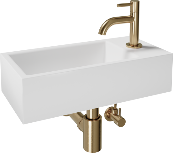 Luca Varess Cubic Handwaschbecken, Keramik weiß glänzend, 40,5 x 20 cm, Rechts, inklusive brushed Champagner Gold und Zubehör