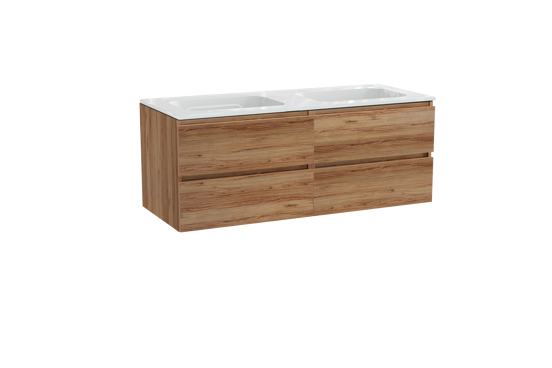 Balmani Lucida zwevend badkamermeubel 135 x 55 cm teak met Tablo Strada dubbele wastafel in composietmarmer glanzend wit