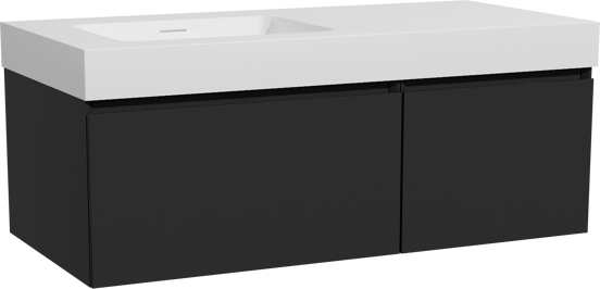 Storke Edge zwevend badkamermeubel 110 x 52 cm mat zwart met Mata High asymmetrisch linkse wastafel in solid surface mat wit
