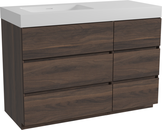 Storke Edge staand badkamermeubel 120 x 52 cm notelaar met Mata High asymmetrisch linkse wastafel in solid surface mat wit