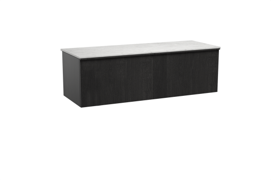 Balmani Forma zwevend badkamermeubel 150 x 55 cm zwarte eik met Stretto enkel of dubbel tablet in marmer carrara, Verticale symmetrische rechte ribbel