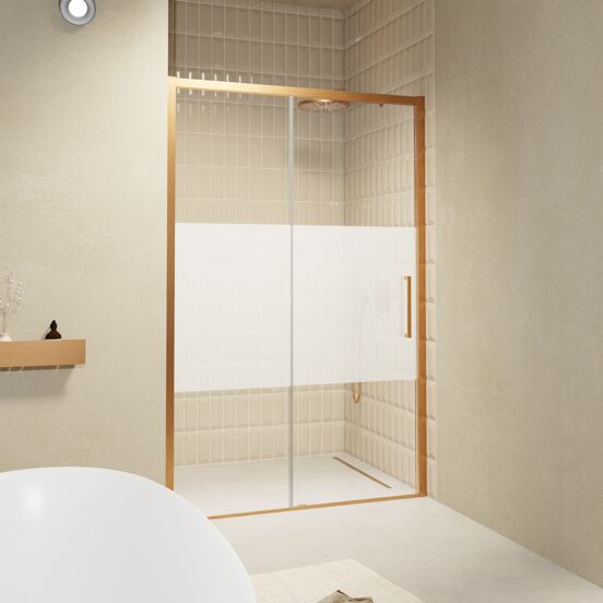 Balmani Senses Design Dusche Schiebetür, Links, 120 cm x 210 cm, Klarglas mit mattiertem Streifen, Profil Brushed Rosegold