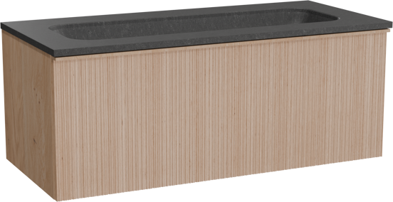 Balmani Forma zwevend badkamermeubel 120 x 55 cm natuur eik met Tablo Arcato enkele wastafel voor 2 kraangaten in graniet zwart, Verticale asymmetrische ronde ribbel