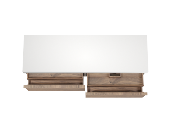 Balmani Forma zwevend badkamermeubel 180 x 55 cm amerikaanse notelaar met Dominus enkel of dubbel tablet in solid surface mat wit, Horizontale symmetrische rechte ribbel